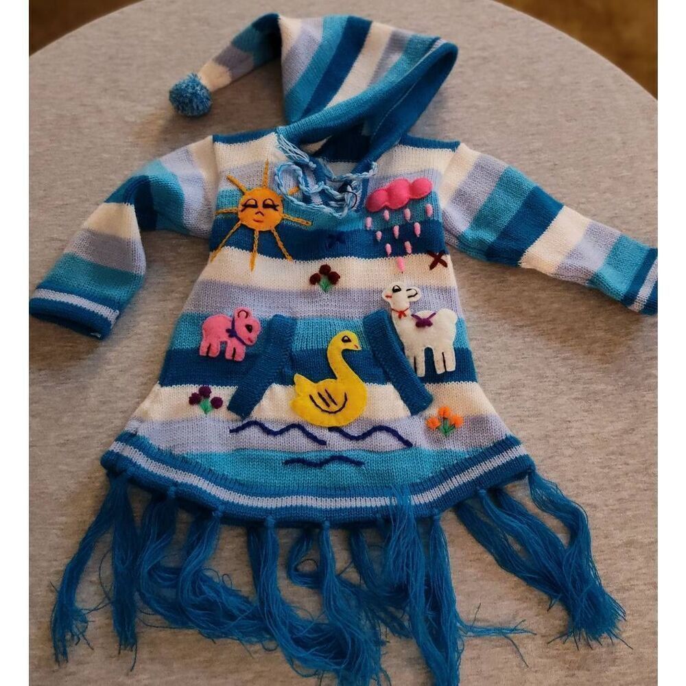 PERUVIAN HAND KNIT PATCHWORK HOODED PULLOVER SWEATER NEW
